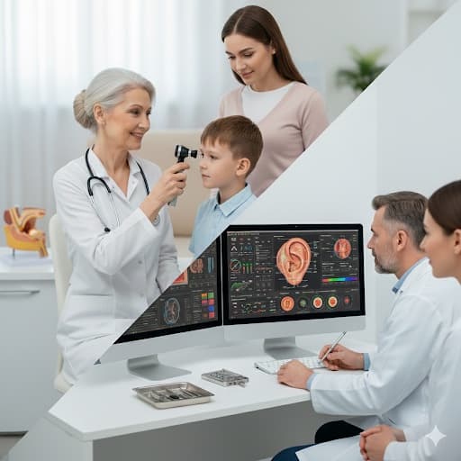 Лікар-аудіолог проводить перевірку слуху дитини — дитяче слухопротезування