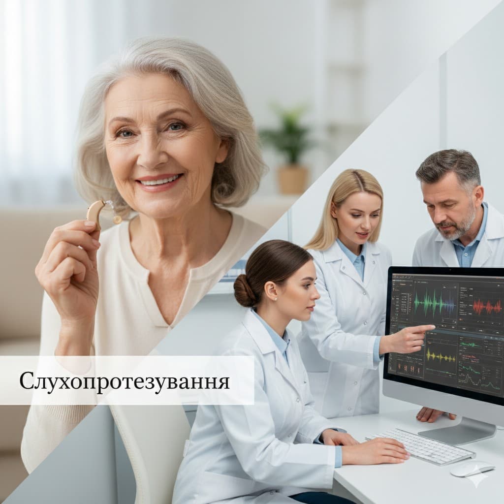 Слухопротезування — жінка з слуховим апаратом та фахівці центру слуху
