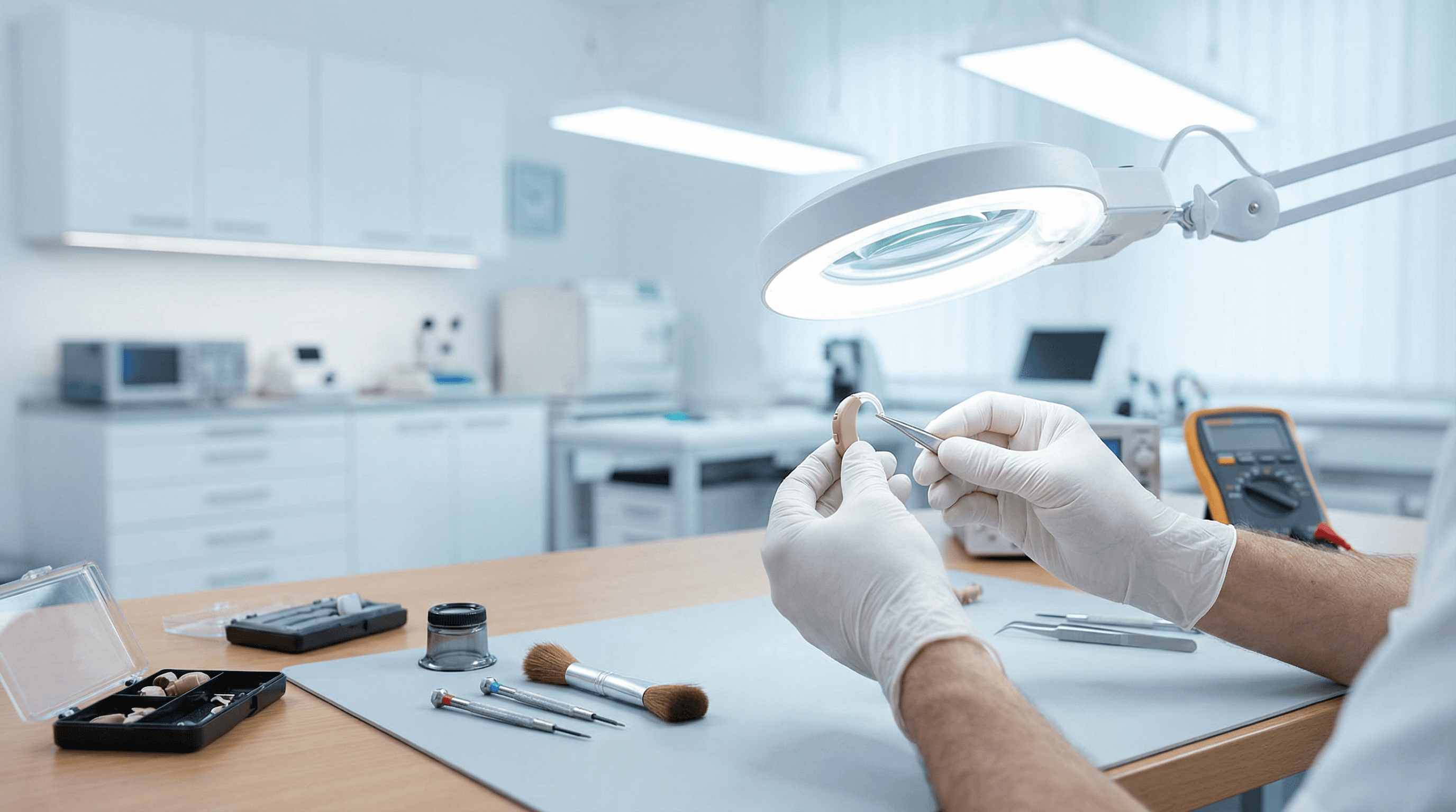 Фахівець ремонтує слуховий апарат під збільшувальною лампою в майстерні центру слуху «Почути Все»